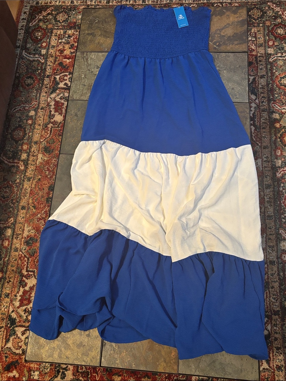Cupshe Blue and White Strapless Colorblock Maxi Skirt